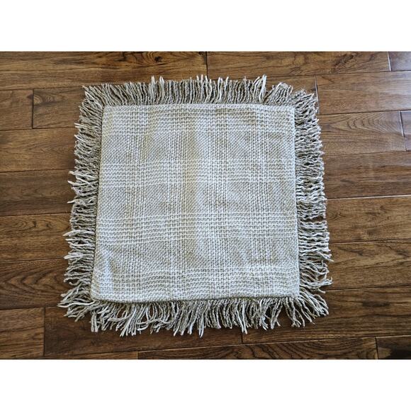 Pottery Barn Woven Plaid Fringe Pillow Cover 22"x22" Beige Linen Cotton Blend - Picture 3 of 8